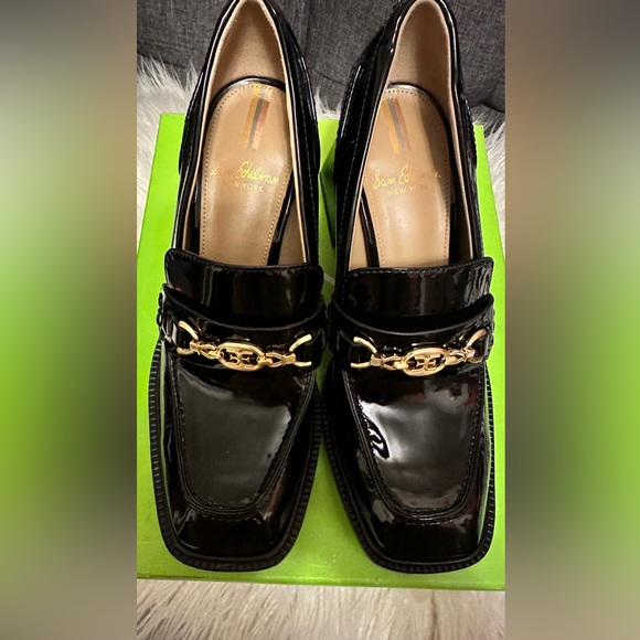 Sam Edelman Black Patent Chunky 3 inch Heel Loafers, Size 6 Quincy - Picture 7 of 8